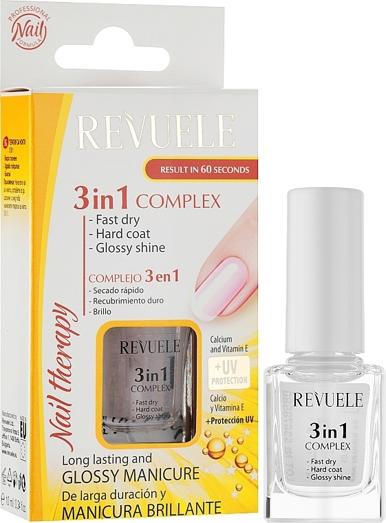 Комплекс Revuele Nail Therapy 3 в 1 для ногтей быстрое высыхание, твердое покрытие и глянцевый блеск, 10 мл