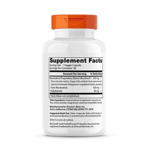 Транс-ресвератрол Doctor's Best Trans-Resveratrol 100 мг, 60 вегетарианских капсул