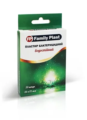 Пластир медичний FP Family Plast бактерицидний водостійкий на полімерній основі, прозорий 25 мм х 72 мм, 20 штук