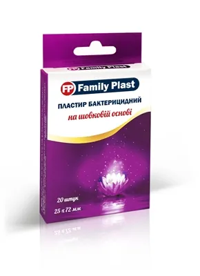 Пластир медичний FP Family Plast бактерицидний на шовковій основі 25 мм х 72 мм, 20 штук