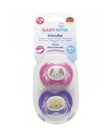 Пустышка силиконовая Baby-Nova 28340-1 плоская с рисунком и кольцом для девочек 6-18 месяцев, 2 шт