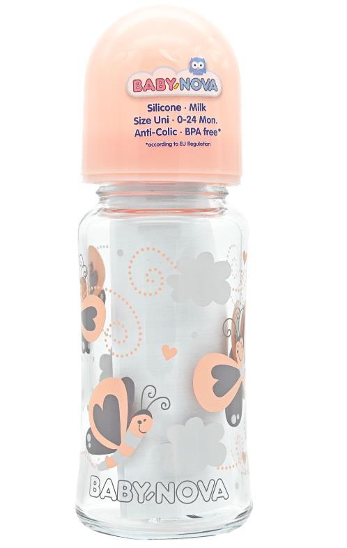 Бутылочка Baby-Nova 44240-1 стеклянная с декором для девочки, 230 мл
