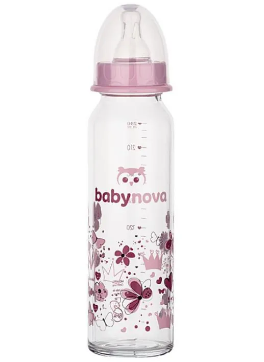 Пляшка Baby-Nova 43706-1 скляна з декором для дівчинки, 240 мл