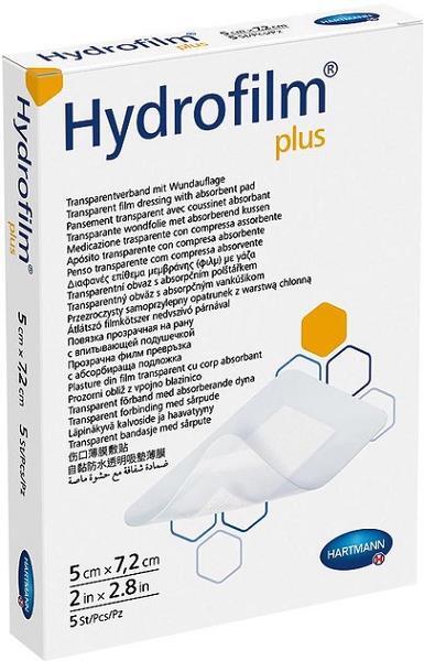 Повязка пленочная Hydrofilm Plus прозрачная с абсорбирующей подушечкой, 5 см х 7,2 см, 5 штук