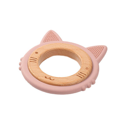 Прорезыватель для зубов BabyOno 1076/02 деревянно-силиконовый Котенок, розовый