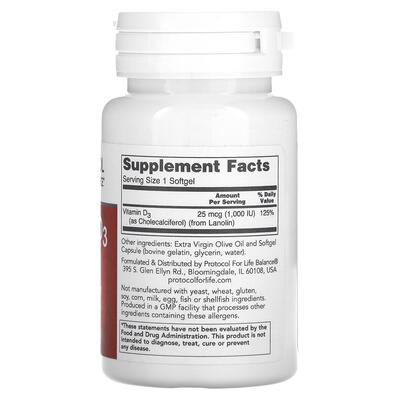 Витамин D3 Protocol for Life Balance Vitamin D3 1000 МЕ, 120 гелевых капсул