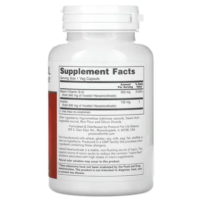 Ніацин Protocol for Life Balance Flush-Free Niacin без почервоніння 500 мг, 90 веганських капсул
