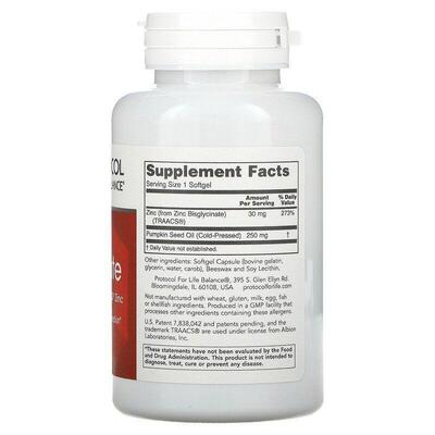 Цинка глицинат Protocol for Life Balance Zinc Glycinate 30 мг, 120 гелевых капсул