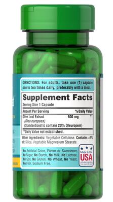 Экстракт листьев оливы Puritan's Pride Olive Leaf Extract 500 мг, 60 капсул