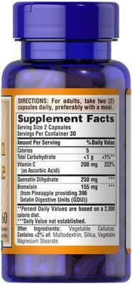 Кверцетин дигидрат + бромелайн с витамином C Puritan's Pride Quercetin dihydrate + Bromelain and Vitamin C, 60 капсул