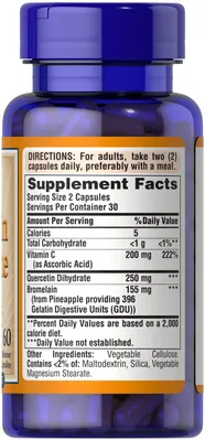 Кверцетин дигідрат + бромелайн з вітаміном C Puritan's Pride Quercetin dihydrate + Bromelain and Vitamin C, 60 капсул