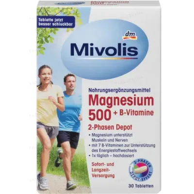 Вітаміни Магній 500 + Вітаміни групи В 2-фазний депо Mivolis Magnesium 500 + B-Vitamine 2-Phasen Depot, 30 таблеток