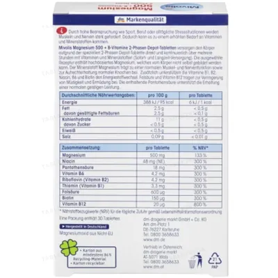 Вітаміни Магній 500 + Вітаміни групи В 2-фазний депо Mivolis Magnesium 500 + B-Vitamine 2-Phasen Depot, 30 таблеток
