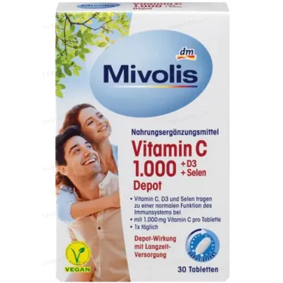 Вітамін С 1000 + Вітамін Д3 + Селен Депо Mivolis Vitamin C 1000 + D3 + Selen Depot, 30 таблеток