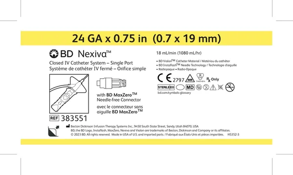 Катетер внутрішньовенний BD Nexiva закритого типу з роз'ємом MaxZero 24 G 0.75IN 0.7 x 19 мм