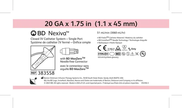 Катетер внутрішньовенний BD Nexiva закритого типу з роз'ємом MaxZero 20 G 1.75IN 1.1 x 45 мм