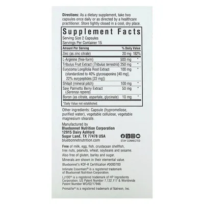 Комплекс для чоловіків Bluebonnet Nutrition Intimate Essentials for Him Testosterone Libido Boost, 30 рослинних капсул