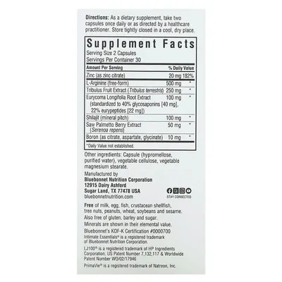 Комплекс для чоловіків Bluebonnet Nutrition Intimate Essentials for Him Testosterone Libido Boost, 60 рослинних капсул