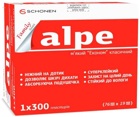 Пластир медичний Alpe Family Econom м'який, класичний 76 мм х 19 мм, 300 штук