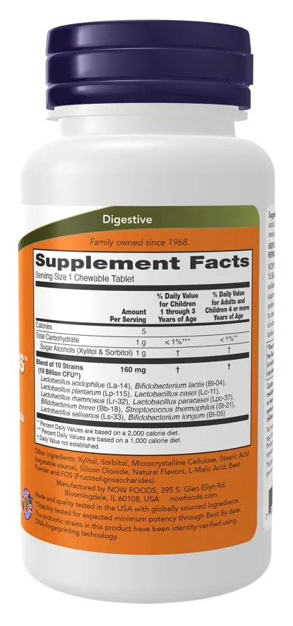 Пробіотики NOW Berry Dophilus Extra Strength 10 Billion, 50 жувальних таблеток