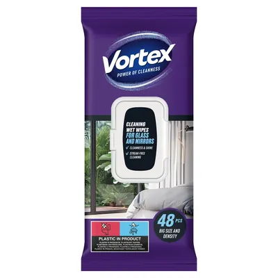 Серветки вологі Vortex Power господарчі для скла з клапаном, 48 шт