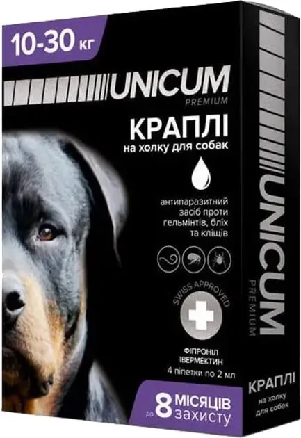 Краплі на холку Unicum Complex від бліх, кліщів і гельмінтів для собак вагою 10-30 кг, 4 піпетки