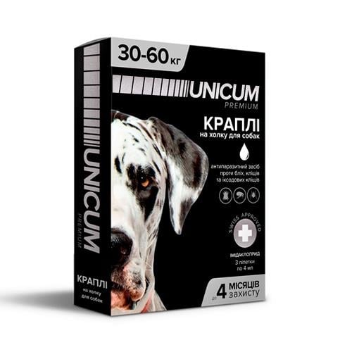 Краплі на холку Unicum Premium від бліх і кліщів для собак вагою 30-60 кг, 3 штуки