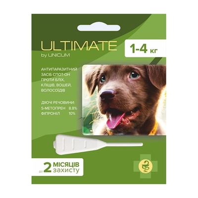Капли на холку Unicum Ultimate от блох, клещей, вшей и власоедов, для собак весом 1-4 кг, 0,6 мл