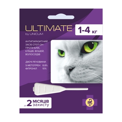 Капли на холку Unicum Ultimate от блох, клещей, вшей и власоедов, для кошек весом 1-4 кг, 0,6 мл