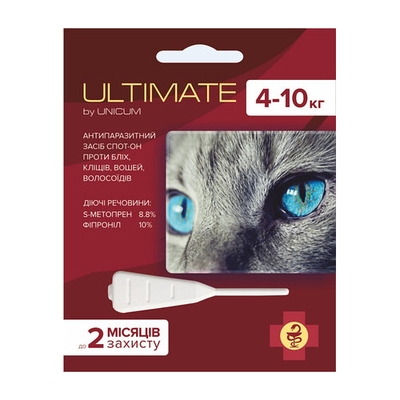 Капли на холку Unicum Ultimate от блох, клещей, вшей и власоедов, для кошек весом 4-10 кг, 0,8 мл