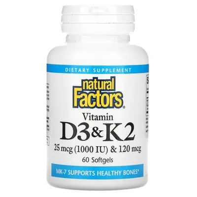 Вітамін D3 та К2 Natural Factors Vitamin D3 & K2 25 мкг (1000 МО)/120 мкг, 60 капсул