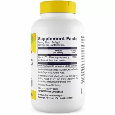 Вітамін Д3 Healthy Origins Vitamin D3 10 000 МО, 360 капсул