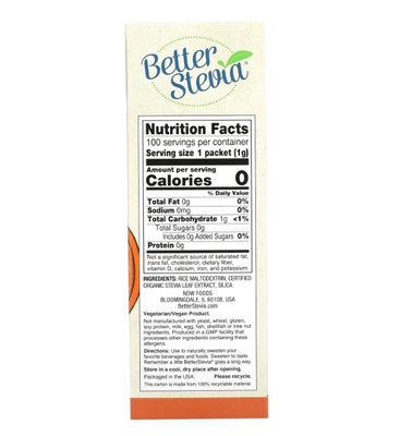 Стевия NOW Better Stevia порошок, 100 пакетиков