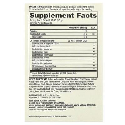 Пробиотик для детей Dr. Mercola Complete Probiotics Powder Packets for Kids 10 млрд КОЕ со вкусом малины, 30 пакетов