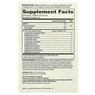 Пробіотик для дітей Dr. Mercola Complete Probiotics Powder Packets for Kids 10 млрд КУО зі смаком малини, 30 пакетів