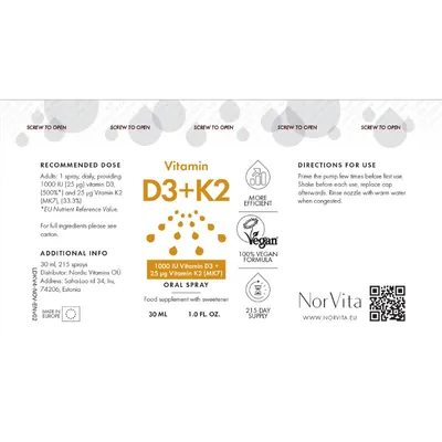 Вітамін Д3 + К2 NorVita Vitamin D3+K2 спрей, 30 мл