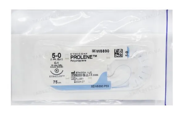 Шовний матеріал хірургічний Prolene W8890 р. USP 5/0 (1) нерозсмоктуючий довжина 75 см, голка колюча 13 мм, 3/8 кола