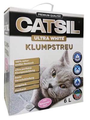 Наполнитель для кошачьего туалета Catsil Ultra White бентонитовый с запахом детской присыпки, 6 л