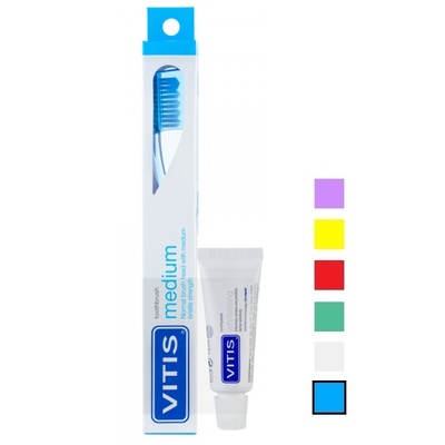 Набор Dentaid Vitis зубная щетка Medium средней жесткости (синяя) + Vitis Whitening зубная паста 15 мл