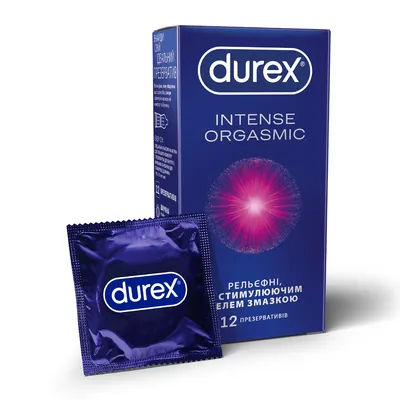 Презервативи латексні Durex Intense Orgasmic рельєфні, зі стимулюючим гелем-змазкою, 12 штук