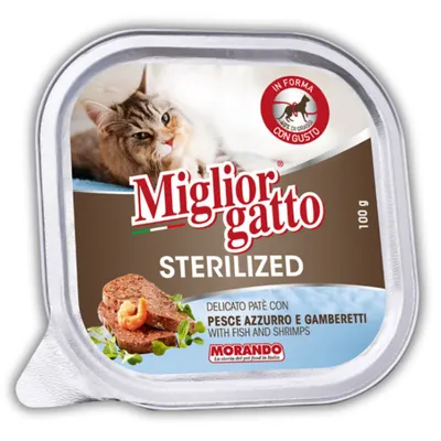 Корм вологий Morando Migliorgatto Sterilized для стерилізованих котів беззерновий з блакитною рибою та креветками, 100 г