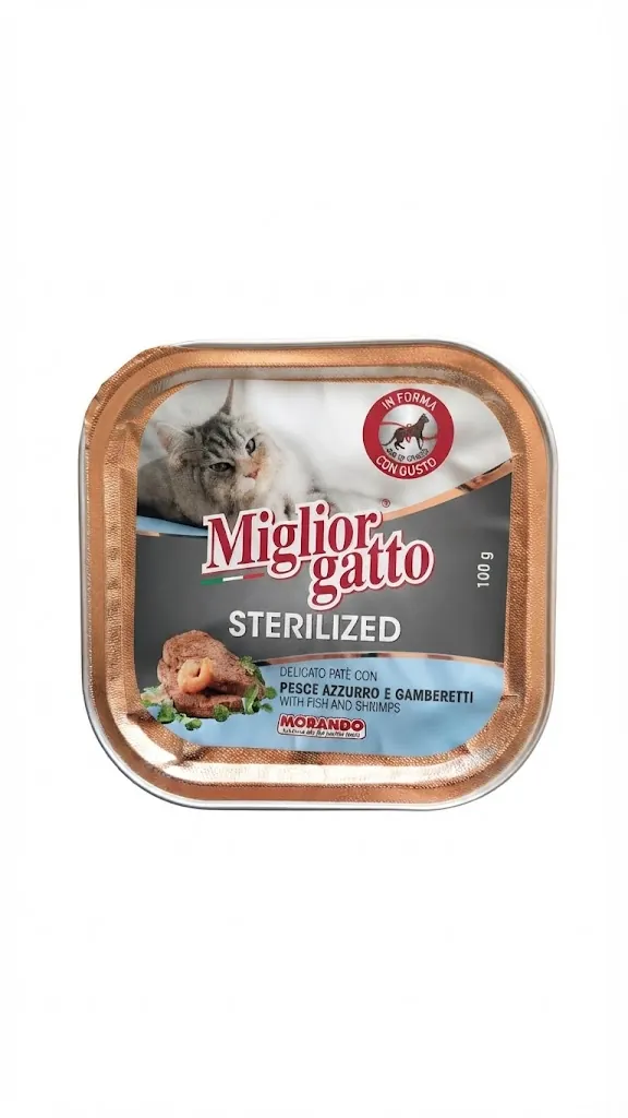 Корм вологий Morando Migliorgatto Sterilized для стерилізованих котів беззерновий з блакитною рибою та креветками, 100 г