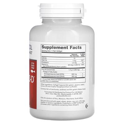 Омега-3 Ультра с витамином D3 Protocol for Life Balance Ultra Omega 3-D 600 ЭПК/300 ДГК с лимонным маслом, 90 рыбных гелевых капсул
