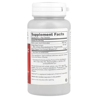 Альфа-ліпоєва кислота Protocol for Life Balance Alpha-Lipoic Acid 600 мг, 60 веганських капсул