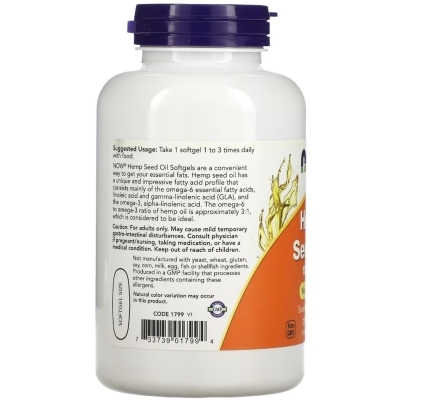 Масло семян конопли NOW Hemp Seed Oil 1000 мг, 120 мягких капсул