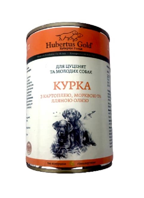 Консервы для щенков и молодых собак Hubertus Gold Курица с картофелем, морковью и льняным маслом, 400 г