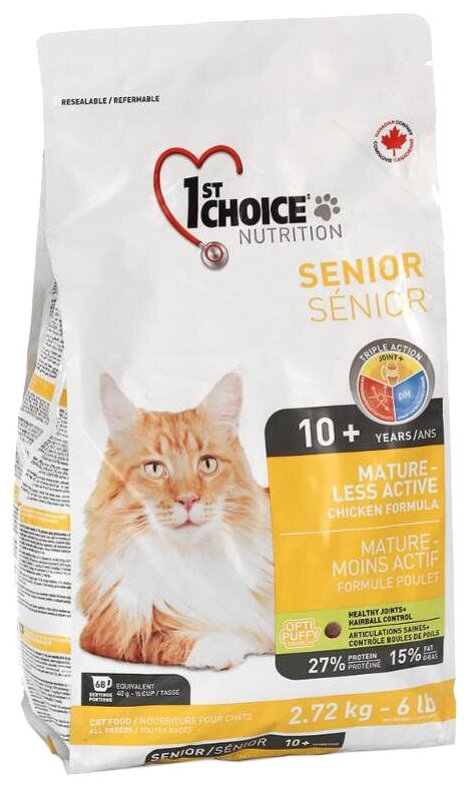Корм сухой для пожилых котов 1st Choice Senior со вкусом курицы, 2.72 кг