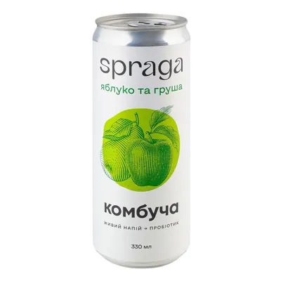 Напій безалкогольний Spraga слабогазований комбуча Яблуко-Груша, з/б 330 мл