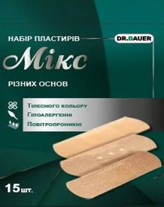 Набір пластирів Dr. Bauer Мікс на різних основах, розміром 25 мм х 72 мм, 15 штук