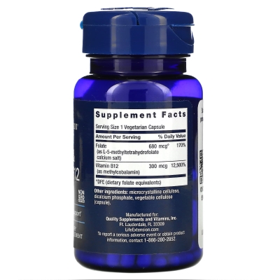 Фолат и B12 Life Extension BioActive Folate & Vitamin B12, 90 вегетарианских капсул